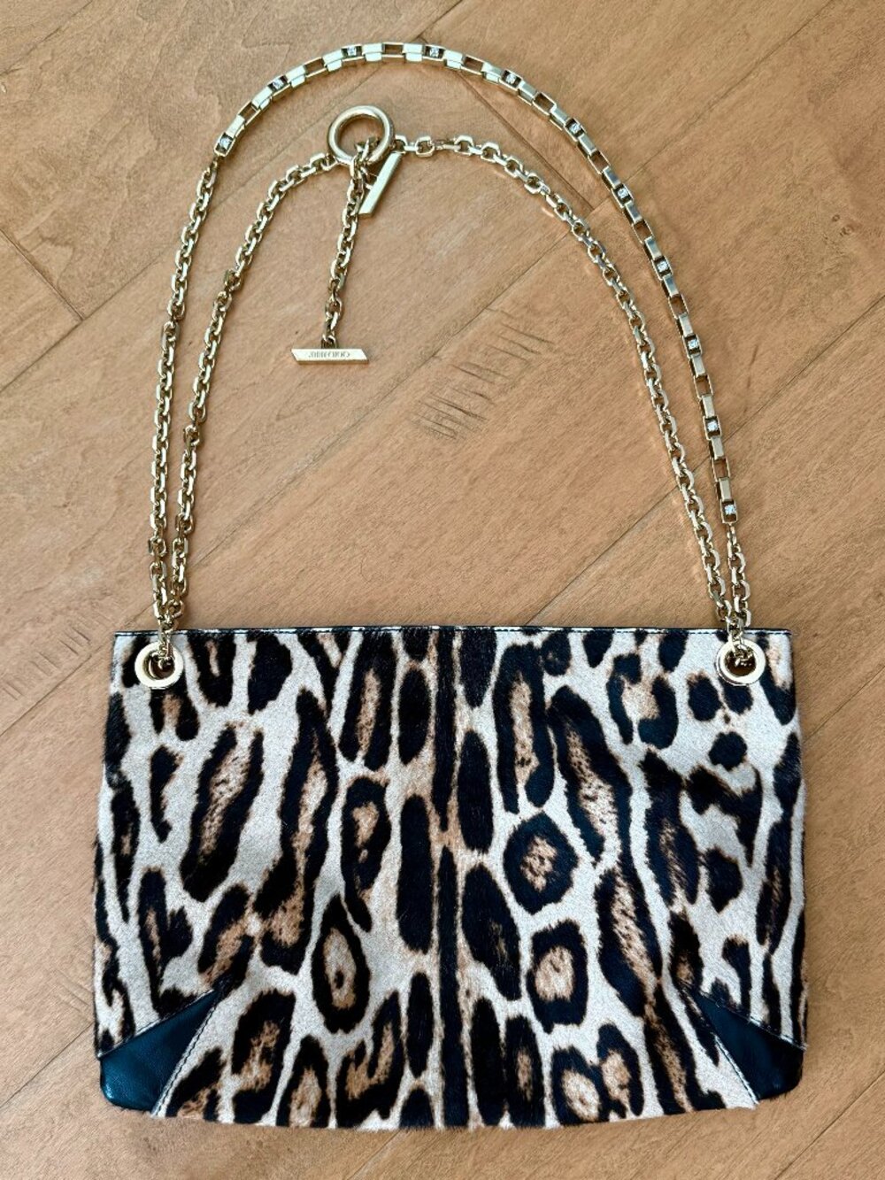 Jimmy Choo Leopard Print Calf Hair Flat Pouch with Gold Chain Strap